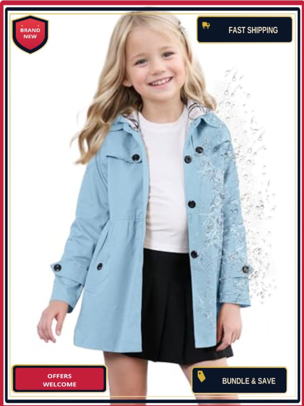 Girls Waterproof Trench Coat Hooded Rain Jacket